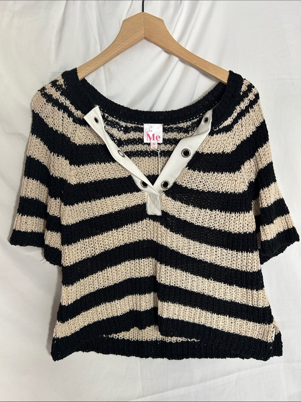 ME Makeover Essentials Black and Cream Striped Knit Crop Pullover